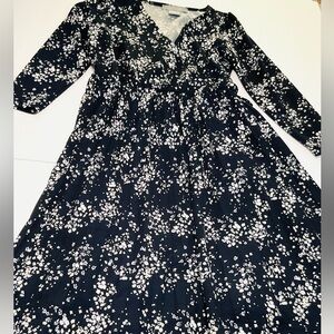 Lark & Grey Navy Blue Floral Long Sleeve Midi Dress Petite Large